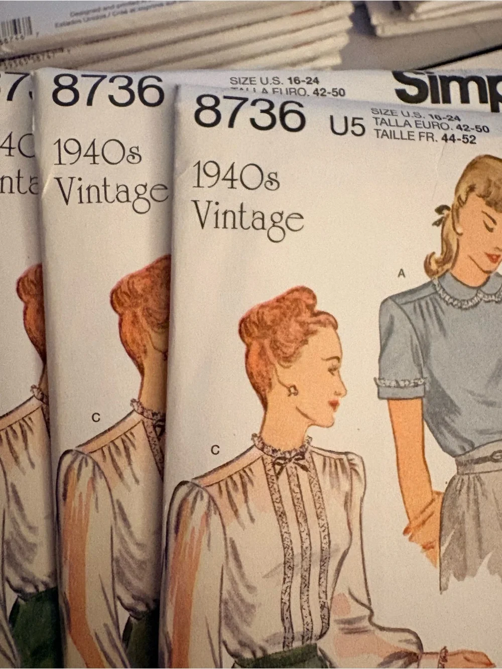 BN UNCUT SIMPLICITY 8736 U5 PLUS SIZE 1940'S VINTAGE BLOUSES SEWING PATTERNS